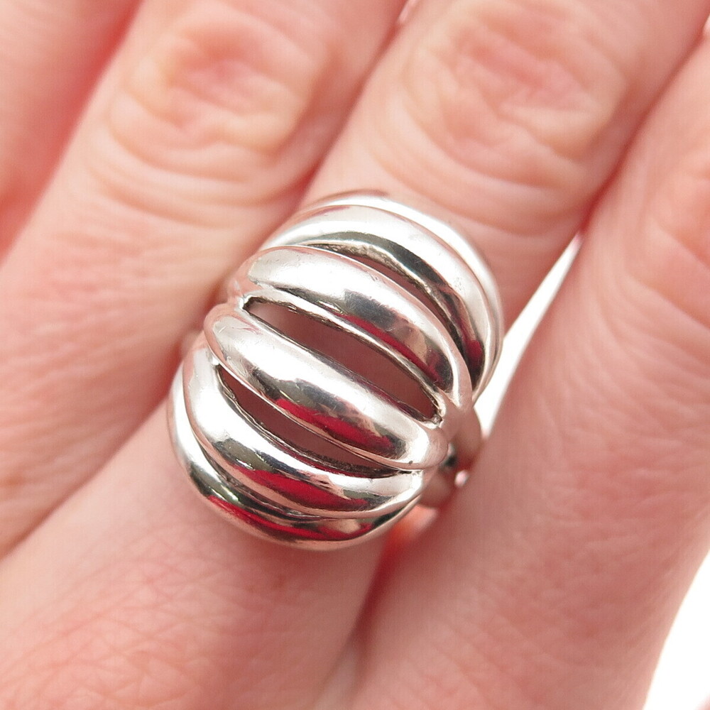 925 Sterling Silver Vintage Modernist Ribbed Dome Oxidized Ring Size 7
